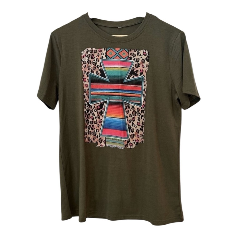 Women's Medium Moss Green Cheetah Leopard Cross Christian Casual Tee T-Shirt